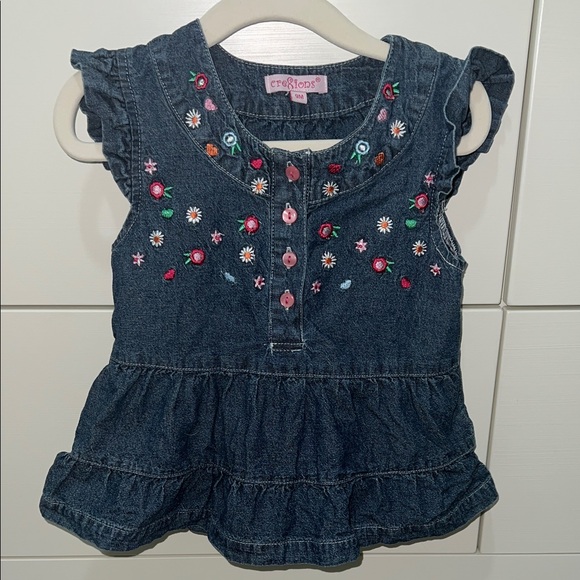 VINTAGE Y2K Cre8ions Denim Ruffle Dress with Flower Embroidery and Pink Buttons - Picture 1 of 4